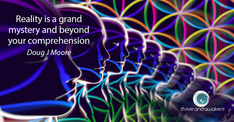 Multiple faces with saying: Reality is a grand mystery and beyond your comprehension